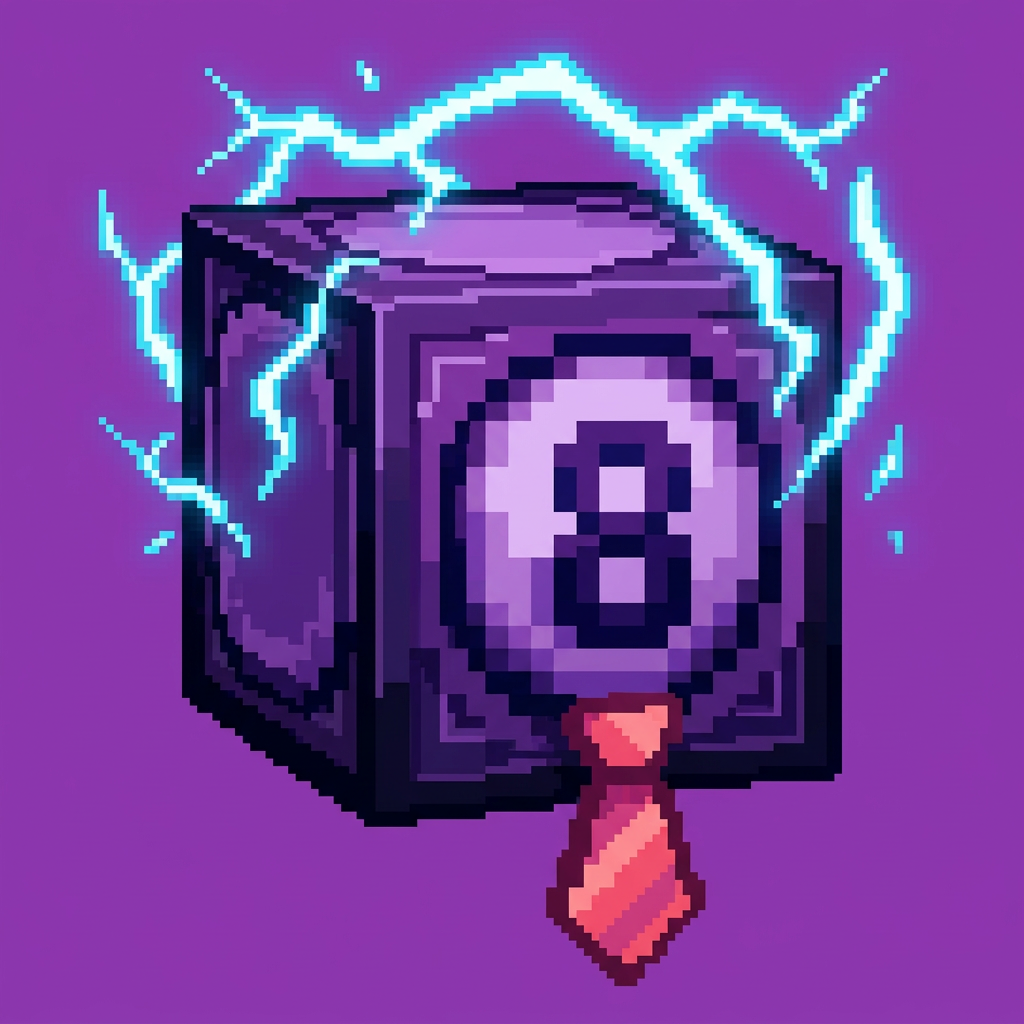 AI Design for Make an 8 ball that's purple-ey and make it cool like an anime, like an electric zap and also add a tie and make it a bit more minecrafty, the tie is pinky red.