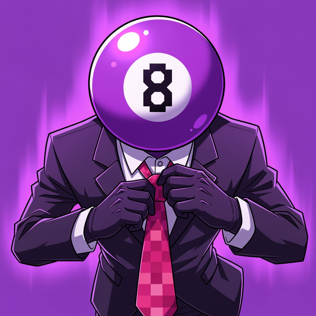 AI Design for Make an 8 ball that's purple-ey and make it cool like an anime, like an electric zap and also add a tie and make it a bit more minecrafty, the tie is pinky red. so actually make the whole avatar and make it look like hes adjusting his tie and a cool pose, no more zap, make it a close up and make the background just like a green screen but instead purple. make it more anime like, and a cool pose that fits him and a bit of aura. make him the same exact as before, he has gloves and no eyes nor mouth nor glasses, just make it a deep stare into the 8 ball, don't make him have an 8 ball in his hand, his head is an 8 ball, he has no mouth. make it more cartoony anime, and more like hes in a rush, and make his head which is ONLY and 8 ball look more down like hes looking at us from bottom to top, make it more accurate to the original version, its a he, a man and make it look like the camera is looking at him from above and hes looking up at it. make the 8 more in the middle like its looking at the camera, make the background purple.