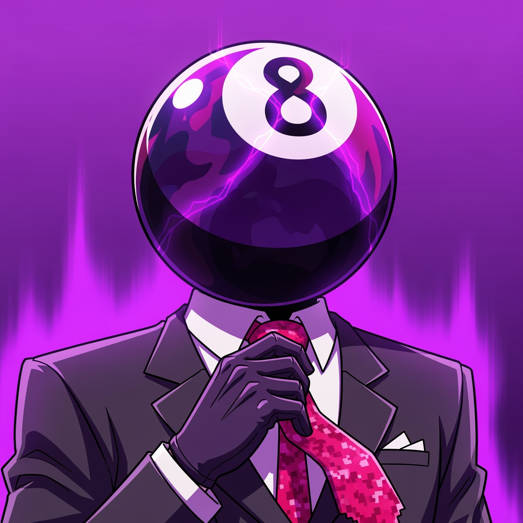 AI Design for Make an 8 ball that's purple-ey and make it cool like an anime, like an electric zap and also add a tie and make it a bit more minecrafty, the tie is pinky red. so actually make the whole avatar and make it look like hes adjusting his tie and a cool pose, no more zap, make it a close up and make the background just like a green screen but instead purple. make it more anime like, and a cool pose that fits him and a bit of aura. make him the same exact as before, he has gloves and no eyes nor mouth nor glasses, just make it a deep stare into the 8 ball