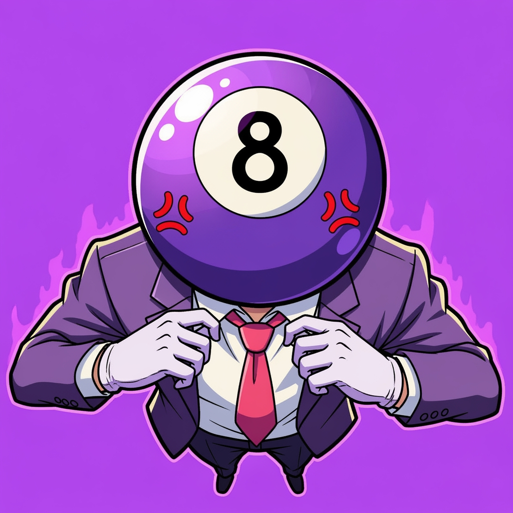 AI Design for Make an 8 ball that's purple-ey and make it cool like an anime, like an electric zap and also add a tie and make it a bit more minecrafty, the tie is pinky red. so actually make the whole avatar and make it look like hes adjusting his tie and a cool pose, no more zap, make it a close up and make the background just like a green screen but instead purple. make it more anime like, and a cool pose that fits him and a bit of aura. make him the same exact as before, he has gloves and no eyes nor mouth nor glasses, just make it a deep stare into the 8 ball, don't make him have an 8 ball in his hand, his head is an 8 ball, he has no mouth. make it more cartoony anime, and more like hes in a rush, and make his head which is ONLY and 8 ball look more down like hes looking at us from bottom to top, make it more accurate to the original version, its a he, a man and make it look like the camera is looking at him from above and hes looking up at it. make the 8 more in the middle like its looking at the camera, make the background purple. to remind you he has NO EYES, make him more in the center since this is gonna be a profile icon, make the 8 more rounded up, make the 8 a bit bigger, add some anger marks to make it more serious. MAKE THE BACKROUND FULLY PURPLE. AND MAKE THE OUTLINES BLACK NOT WHITE.