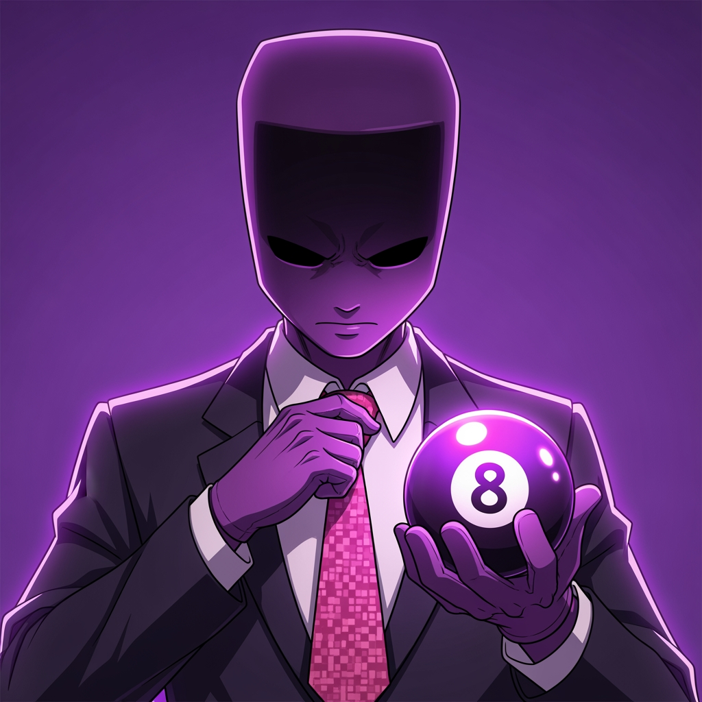 AI Design for Make an 8 ball that's purple-ey and make it cool like an anime, like an electric zap and also add a tie and make it a bit more minecrafty, the tie is pinky red. so actually make the whole avatar and make it look like hes adjusting his tie and a cool pose, no more zap, make it a close up and make the background just like a green screen but instead purple. make it more anime like, and a cool pose that fits him and a bit of aura. make him the same exact as before, he has gloves and no eyes nor mouth nor glasses, just make it a deep stare into the 8 ball