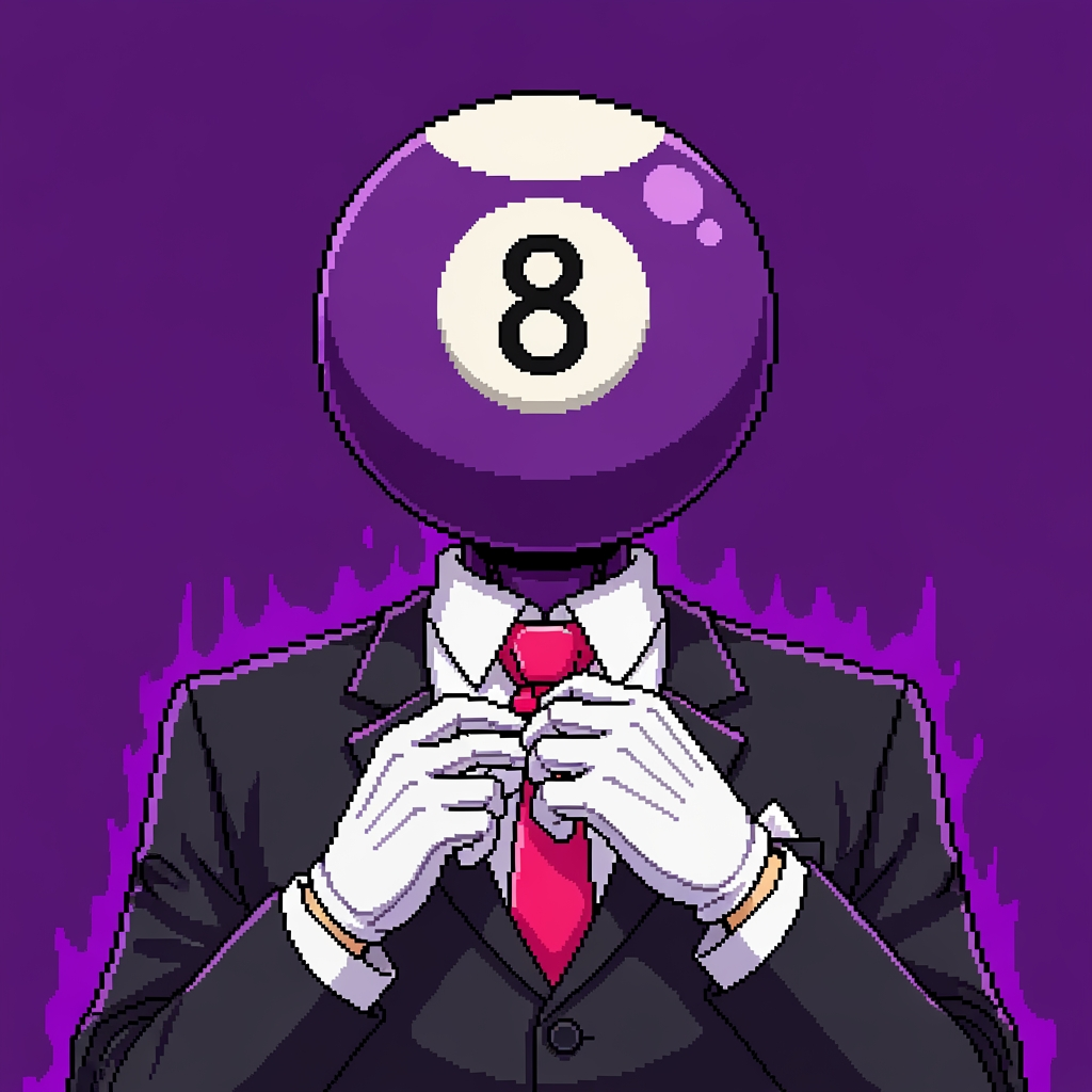 AI Design for Make an 8 ball that's purple-ey and make it cool like an anime, like an electric zap and also add a tie and make it a bit more minecrafty, the tie is pinky red. so actually make the whole avatar and make it look like hes adjusting his tie and a cool pose, no more zap, make it a close up and make the background just like a green screen but instead purple. make it more anime like, and a cool pose that fits him and a bit of aura. make him the same exact as before, he has gloves and no eyes nor mouth nor glasses, just make it a deep stare into the 8 ball, don't make him have an 8 ball in his hand, his head is an 8 ball, he has no mouth.