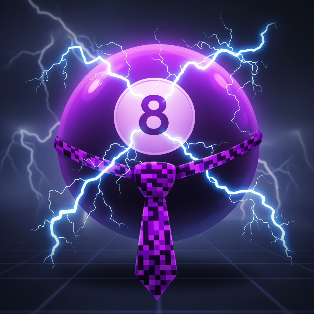 AI Design for Make an 8 ball that's purple-ey and make it cool like an anime, like an electric zap and also add a tie and make it a bit more minecrafty