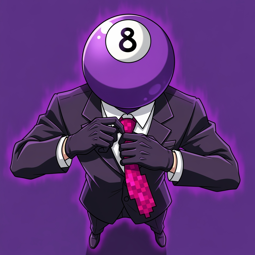 AI Design for Make an 8 ball that's purple-ey and make it cool like an anime, like an electric zap and also add a tie and make it a bit more minecrafty, the tie is pinky red. so actually make the whole avatar and make it look like hes adjusting his tie and a cool pose, no more zap, make it a close up and make the background just like a green screen but instead purple. make it more anime like, and a cool pose that fits him and a bit of aura. make him the same exact as before, he has gloves and no eyes nor mouth nor glasses, just make it a deep stare into the 8 ball, don't make him have an 8 ball in his hand, his head is an 8 ball, he has no mouth. make it more cartoony anime, and more like hes in a rush, and make his head which is ONLY and 8 ball look more down like hes looking at us from bottom to top, make it more accurate to the original version, its a he, a man and make it look like the camera is looking at him from above and hes looking up at it.