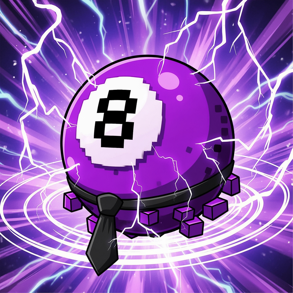 AI Design for Make an 8 ball that's purple-ey and make it cool like an anime, like an electric zap and also add a tie and make it a bit more minecrafty