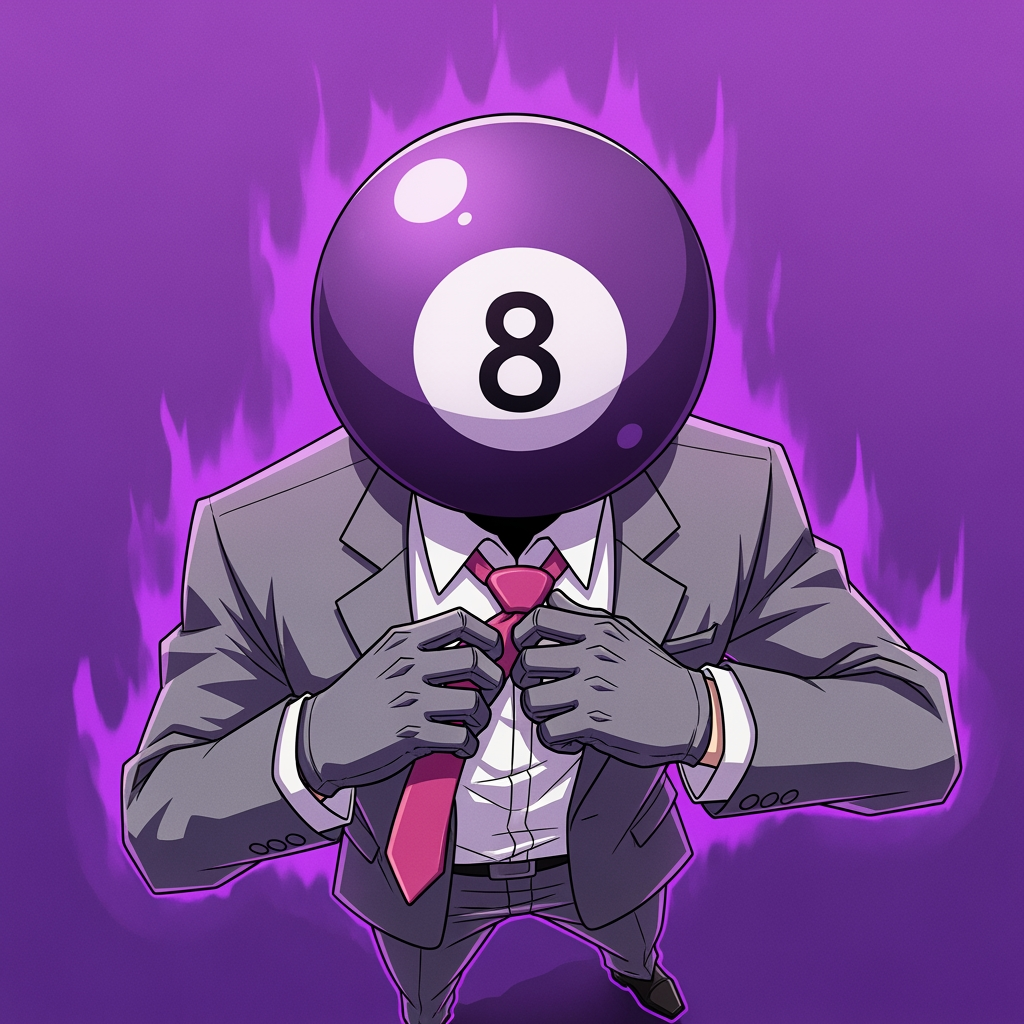 AI Design for Make an 8 ball that's purple-ey and make it cool like an anime, like an electric zap and also add a tie and make it a bit more minecrafty, the tie is pinky red. so actually make the whole avatar and make it look like hes adjusting his tie and a cool pose, no more zap, make it a close up and make the background just like a green screen but instead purple. make it more anime like, and a cool pose that fits him and a bit of aura. make him the same exact as before, he has gloves and no eyes nor mouth nor glasses, just make it a deep stare into the 8 ball, don't make him have an 8 ball in his hand, his head is an 8 ball, he has no mouth. make it more cartoony anime, and more like hes in a rush, and make his head which is ONLY and 8 ball look more down like hes looking at us from bottom to top, make it more accurate to the original version, its a he, a man and make it look like the camera is looking at him from above and hes looking up at it. make the 8 more in the middle like its looking at the camera, make the background purple.