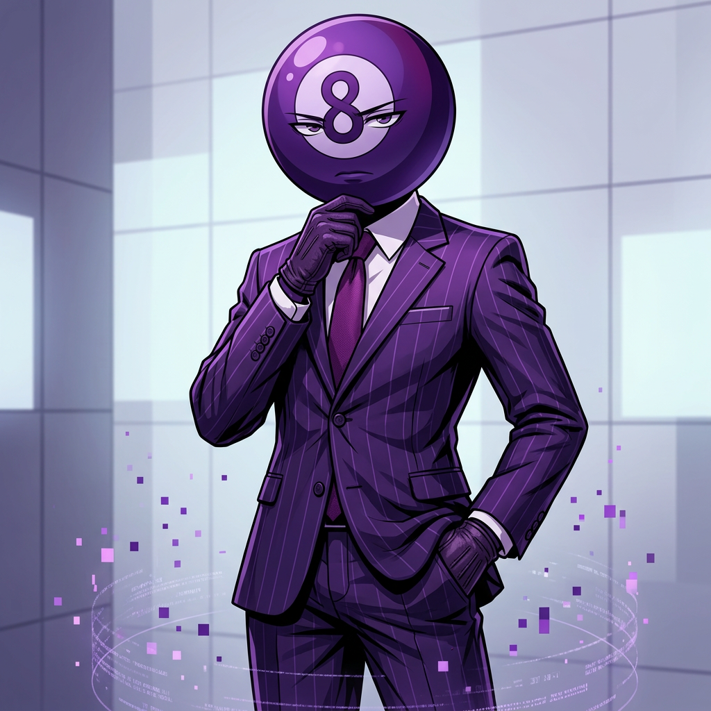AI Design for make this guy more anime cartoony, more serious and with a cool pose. he has gloves, and his head is a bit purple 8 ball.