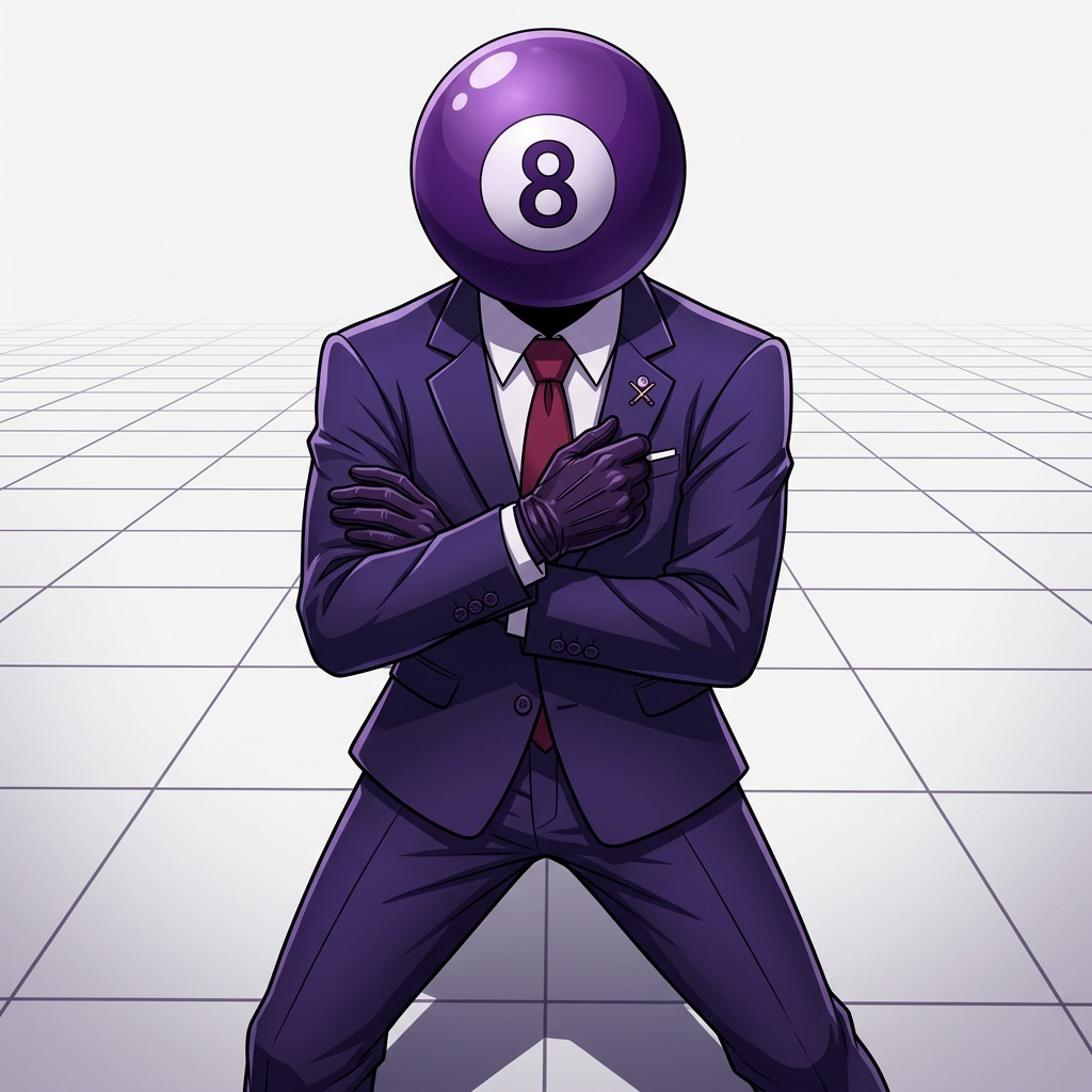 AI Design for make this guy more anime cartoony, more serious and with a cool pose. he has gloves, and his head is a bit purple 8 ball. make him have no eyes nor mouth, just the 8 ball.