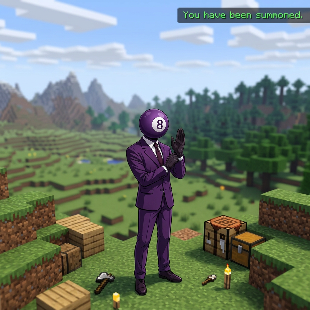 AI Design for make the image bigger but not the character. make the background more blurred, and minecrafty like he just spawned.