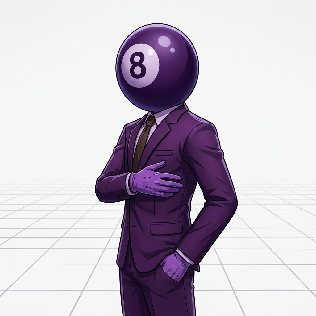 AI Design for make this guy more anime cartoony, more serious and with a cool pose. he has gloves, and his head is a bit purple 8 ball. make him have no eyes nor mouth, just the 8 ball. make him look at the camera from sideways, in a cool pose.
