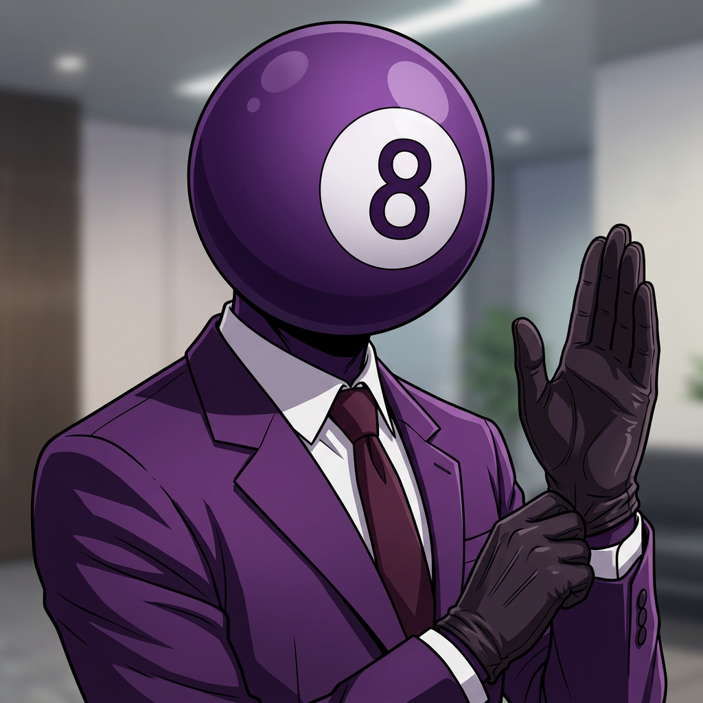 AI Design for make this guy more anime cartoony, more serious and with a cool pose. he has gloves, and his head is a bit purple 8 ball. make him have no eyes nor mouth, just the 8 ball. make him look at the camera from sideways, in a cool pose. make him more closer, serious like he is greeting us.