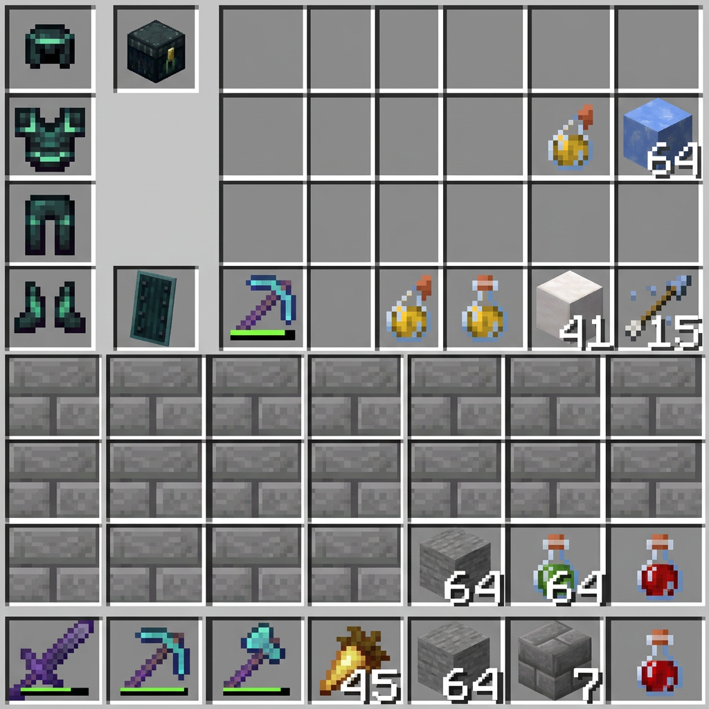 AI Design for edit this screen shot so that he has no crossbows nor golden apples make the widthnass the same as the image and also make it more like minecraft