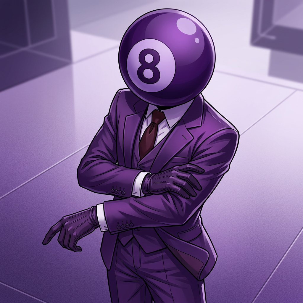 AI Design for make this guy more anime cartoony, more serious and with a cool pose. he has gloves, and his head is a bit purple 8 ball. make him have no eyes nor mouth, just the 8 ball.
