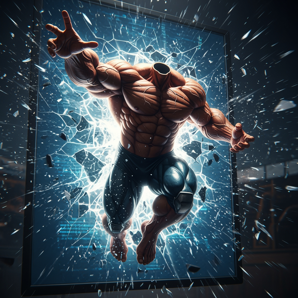 AI Design for Make the character bigger, not adding his head, make him bigger like hes jumping out of the screen, make him have a more serious pose or a cooler one.