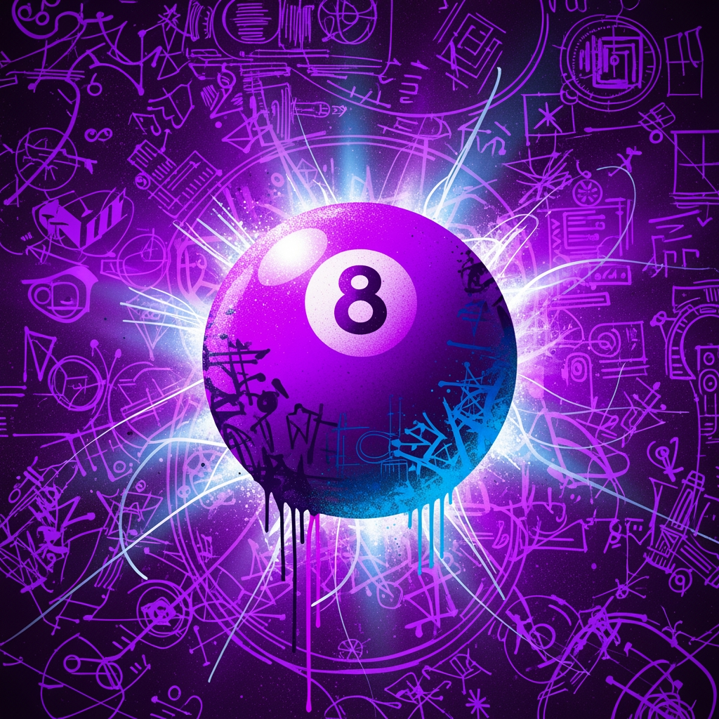 AI Design for make a purple 8 ball that has a cool aura effect and artistic effect like spray paint. make the background a weird symbols and purple schematics that fit it.