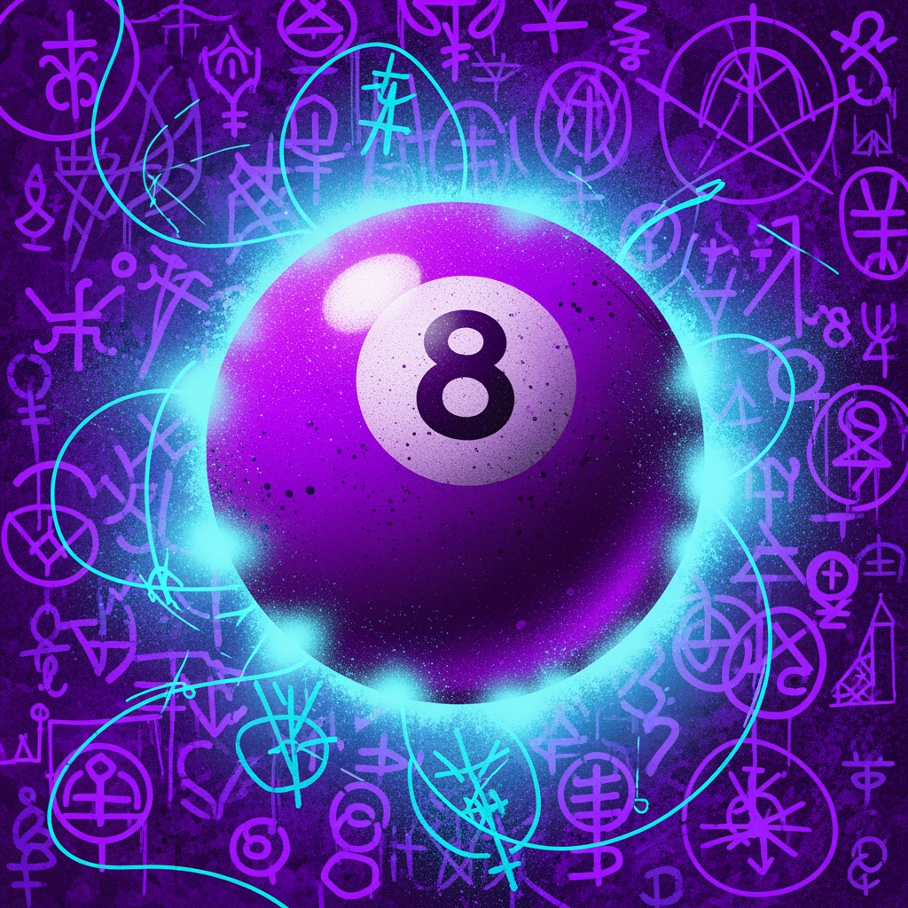 AI Design for make a purple 8 ball that has a cool aura effect and artistic effect like spray paint. make the background a weird symbols and purple schematics that fit it.