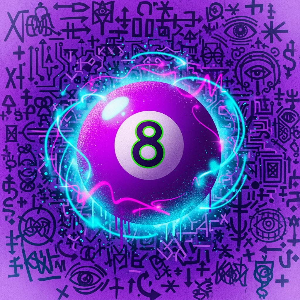 AI Design for make a purple 8 ball that has a cool aura effect and artistic effect like spray paint. make the background a weird symbols and purple schematics that fit it.