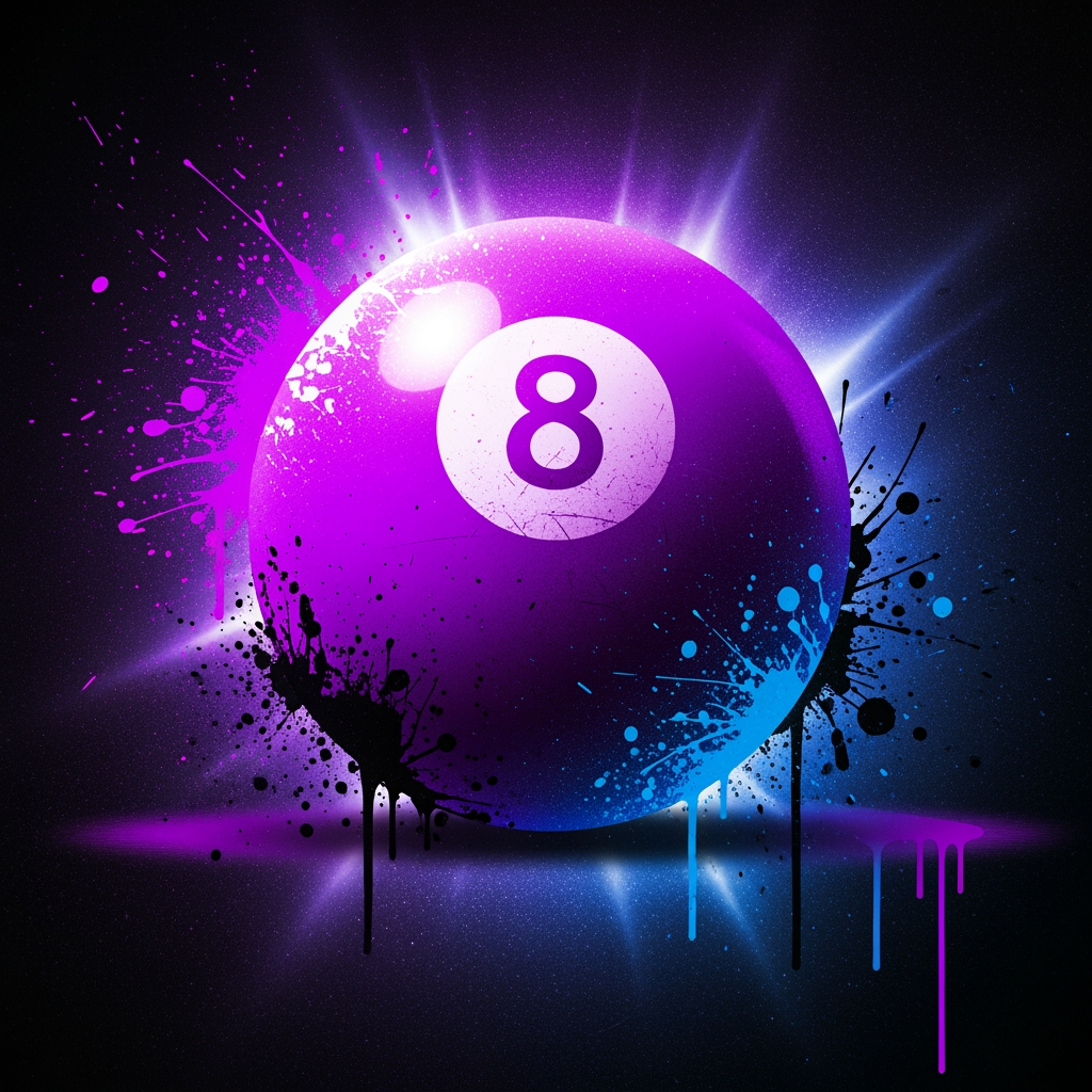 AI Design for make a purple 8 ball that has a cool aura effect and artistic effect like spray paint.