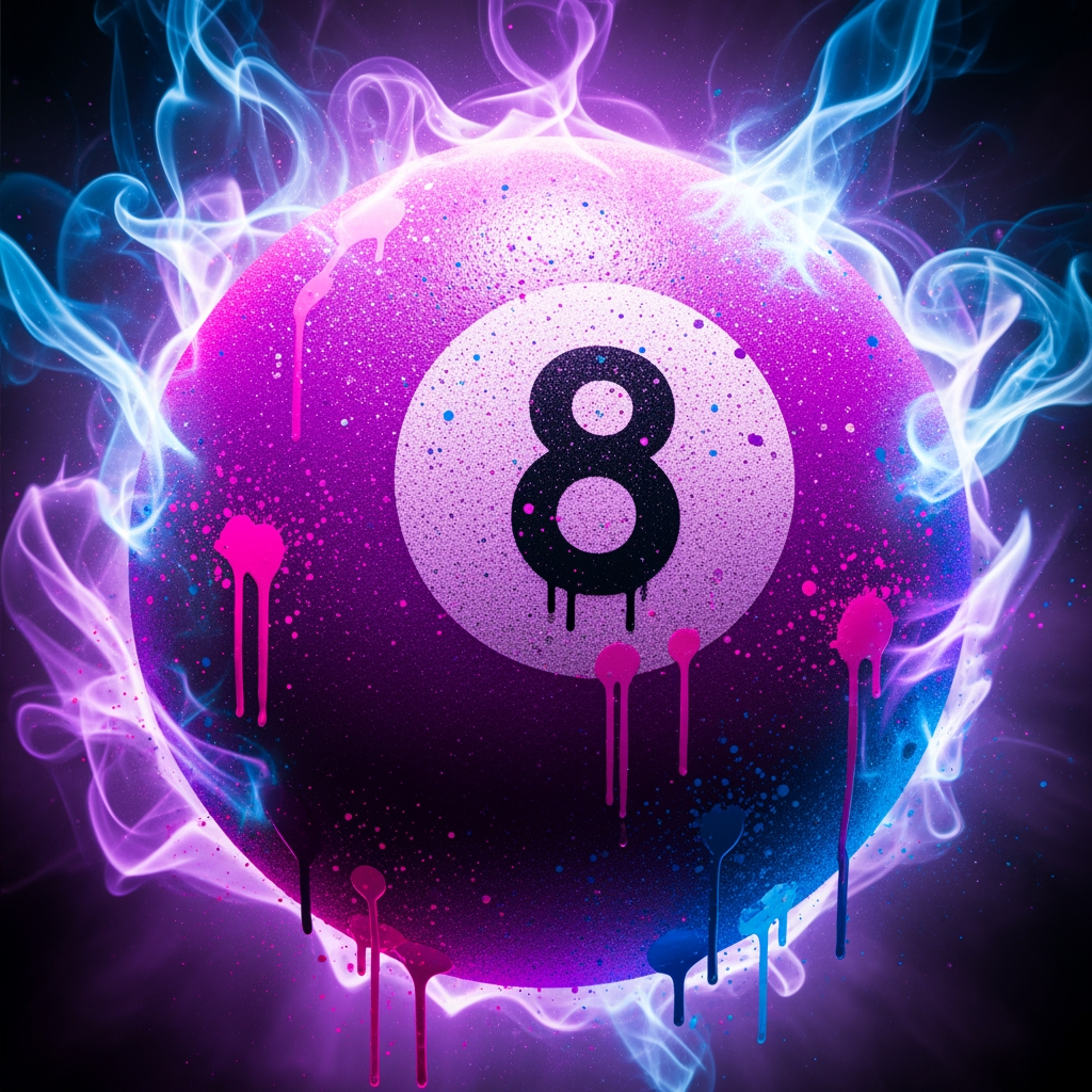 AI Design for make a purple 8 ball that has a cool aura effect and artistic effect like spray paint.