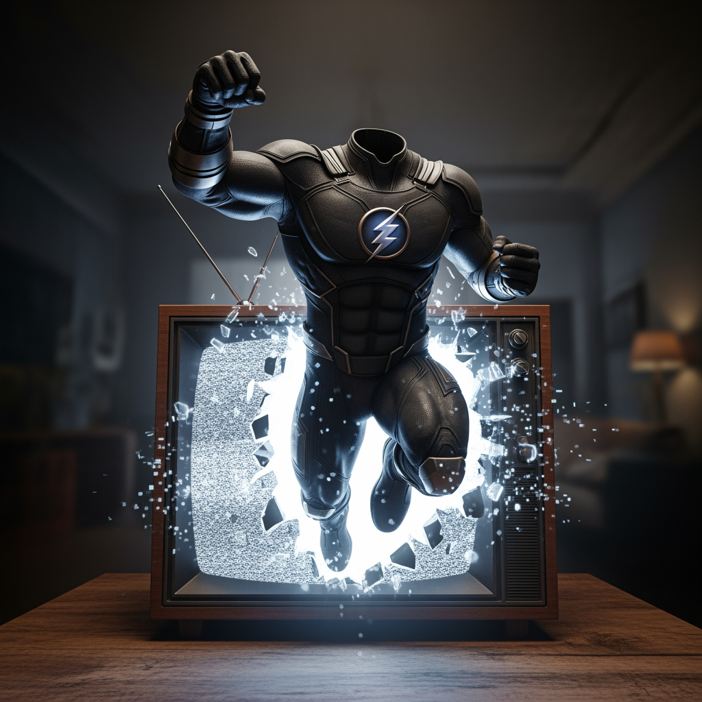 AI Design for Make the character bigger, not adding his head, make him bigger like hes jumping out of the screen, make him have a more serious pose or a cooler one.