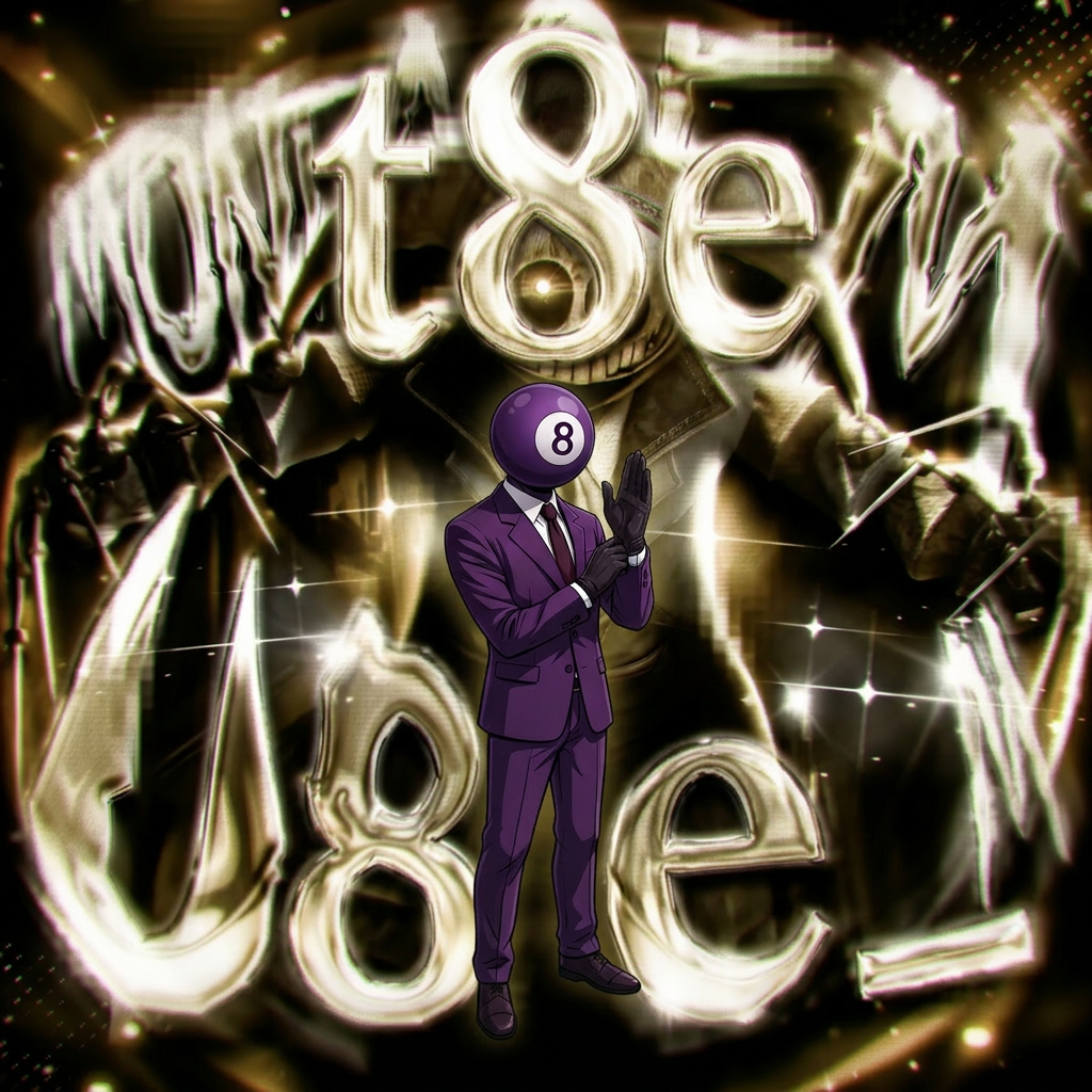 AI Design for Combine these two together, what I mean by this is the image has the background or look of the phone image, and the character in the middle is from the other minecraft image. Make the 8 ball character bigger like the one in the image, and make the words say, "t8e_"