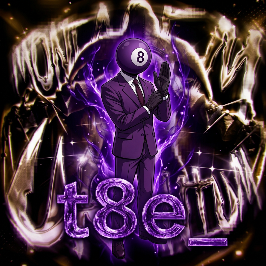 AI Design for Combine these two together, what I mean by this is the image has the background or look of the phone image, and the character in the middle is from the other minecraft image. Make the 8 ball character bigger like the one in the image, and make the words say, "t8e_", make the character more dominant, more bigger and in the middle. and make the words more clearer and only do t8e_ also make it instead of yellow, more purple