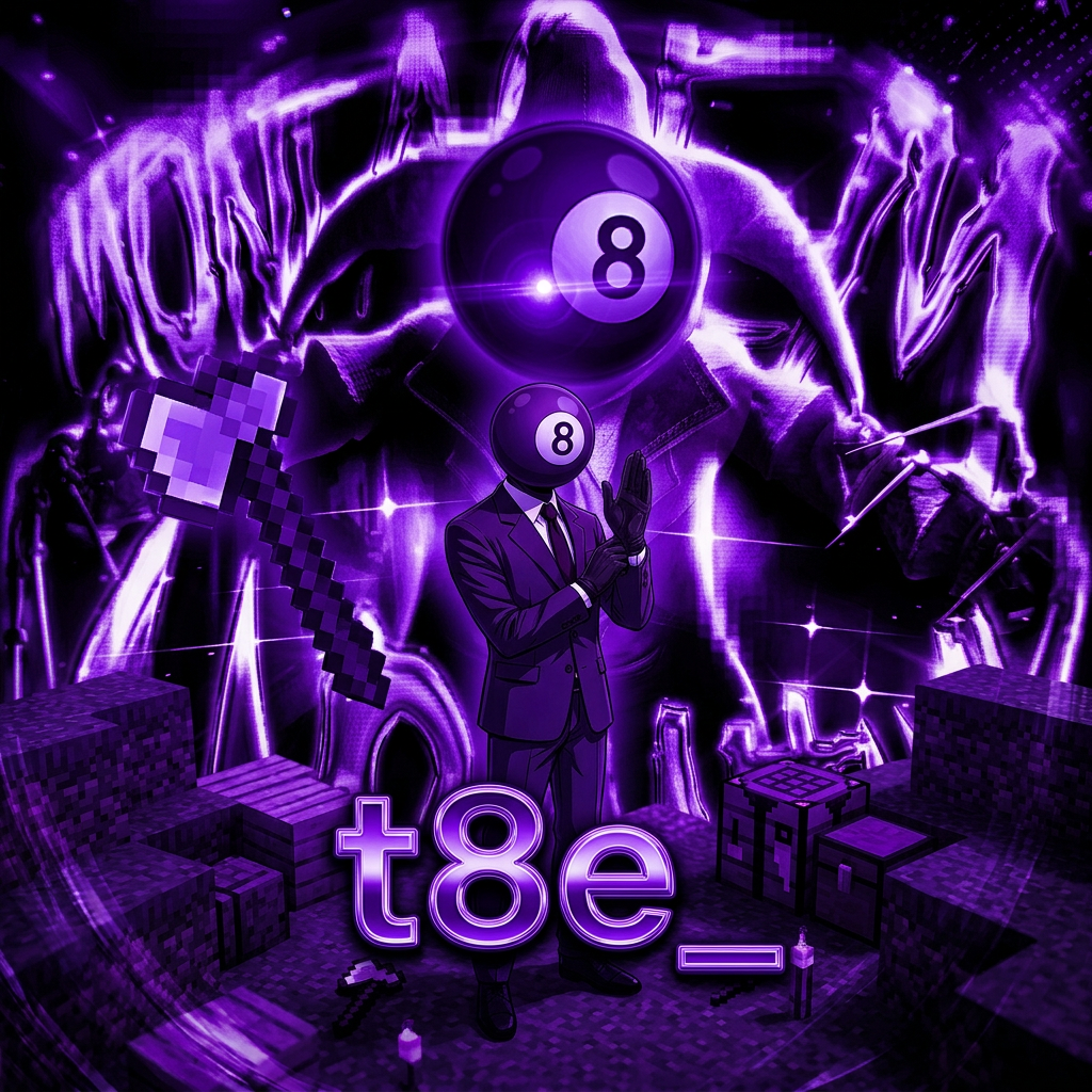 AI Design for Combine these two together, what I mean by this is the image has the background or look of the phone image, and the character in the middle is from the other minecraft image. Make the 8 ball character bigger like the one in the image, and make the words say, "t8e_", make the character more dominant, more bigger and in the middle. and make the words more clearer and only do t8e_ also make it instead of yellow, more purple, make the original first image purple, and remove the other text, also make the character have a cooler pose and make him more giant.