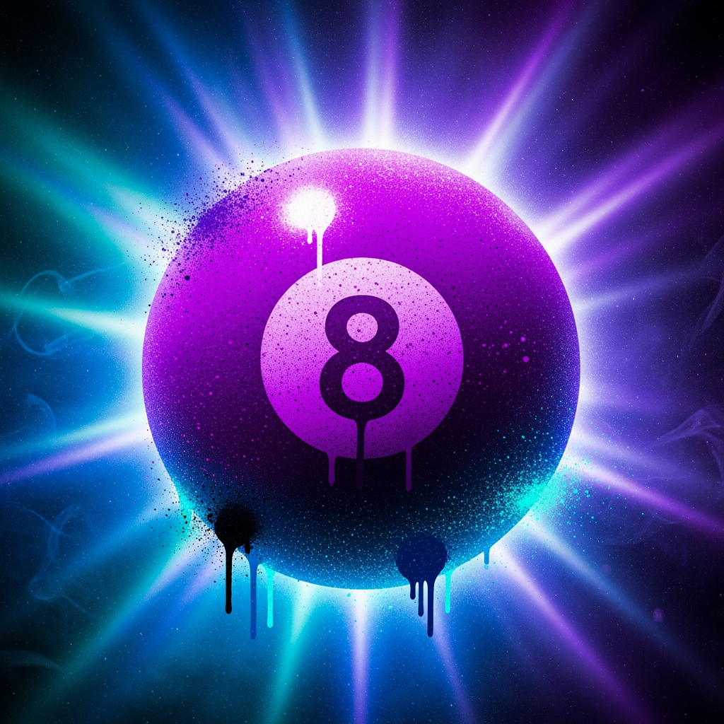 AI Design for make a purple 8 ball that has a cool aura effect and artistic effect like spray paint.