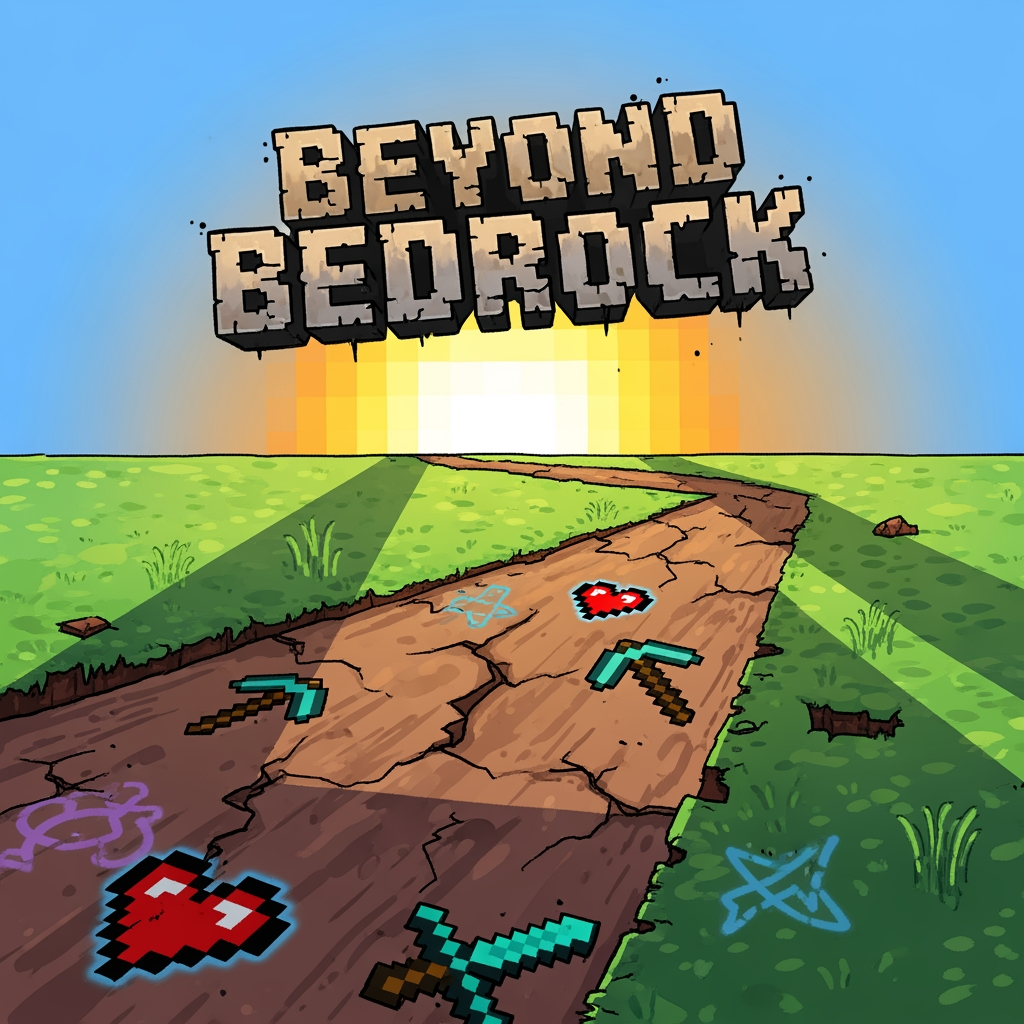 AI Design for Hello, can you make a logo for a minecraft smp called Beyond Bedrock. without the words smp in it, please!, make it more cartoony, and simple around one thing, more minecrafty and more hand drawn, man made. make it a cartoony road, that's the plains from minecraft, and make some weird shapes, sprays painted stuff like an alleyway that's Minecraft themed.