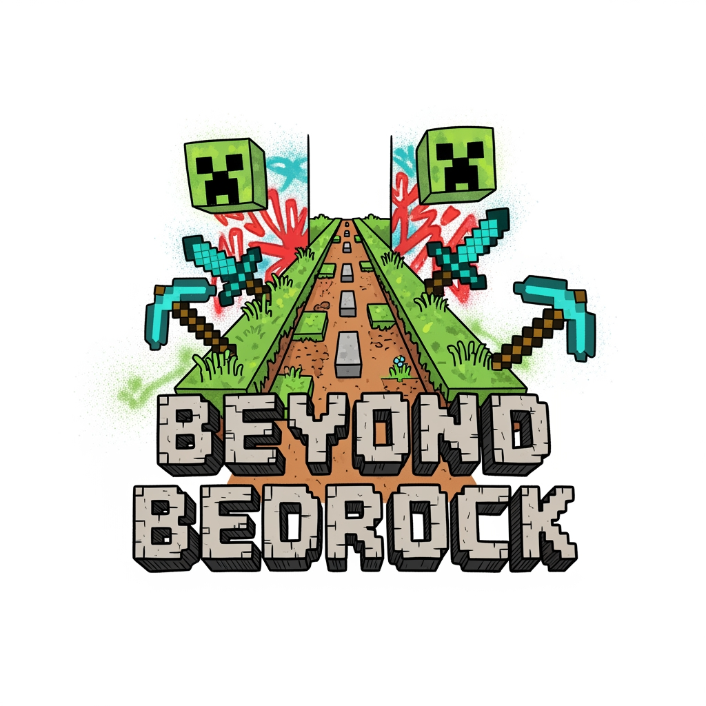 AI Design for Hello, can you make a logo for a minecraft smp called Beyond Bedrock. without the words smp in it, please!, make it more cartoony, and simple around one thing, more minecrafty and more hand drawn, man made. make it a cartoony road, that's the plains from minecraft, and make some weird shapes, sprays painted stuff like an alleyway that's Minecraft themed.