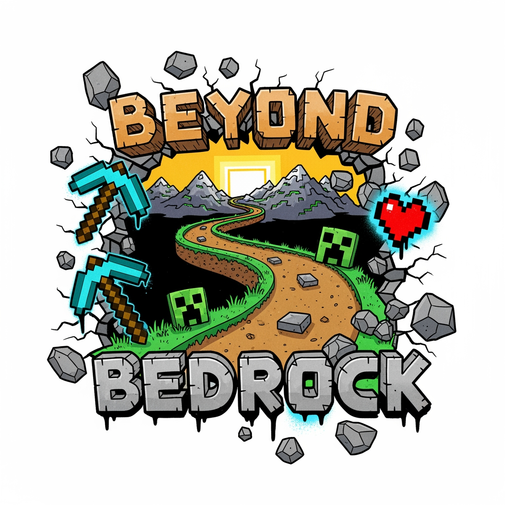 AI Design for Hello, can you make a logo for a minecraft smp called Beyond Bedrock. without the words smp in it, please!, make it more cartoony, and simple around one thing, more minecrafty and more hand drawn, man made. make it a cartoony road, that's the plains from minecraft, and make some weird shapes, sprays painted stuff like an alleyway that's Minecraft themed.