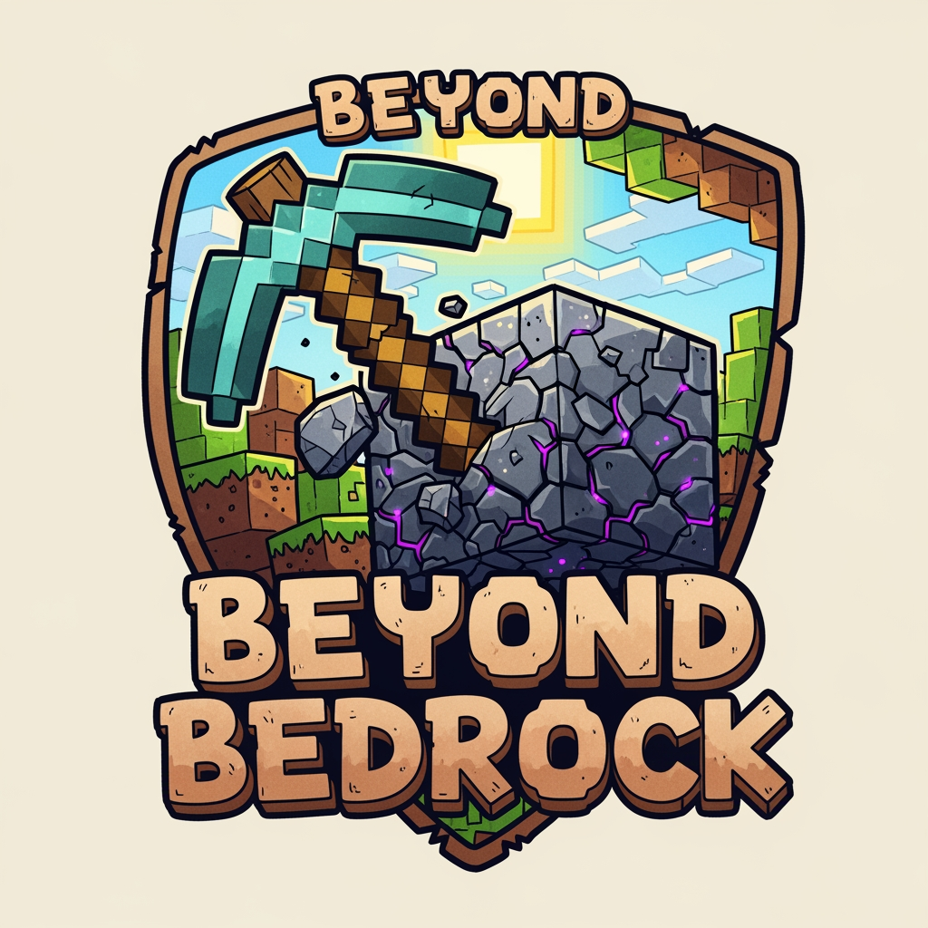 AI Design for Hello, can you make a logo for a minecraft smp called Beyond Bedrock. without the words smp in it, please!, make it more cartoony, and simple around one thing, more minecrafty and more hand drawn, man made.
