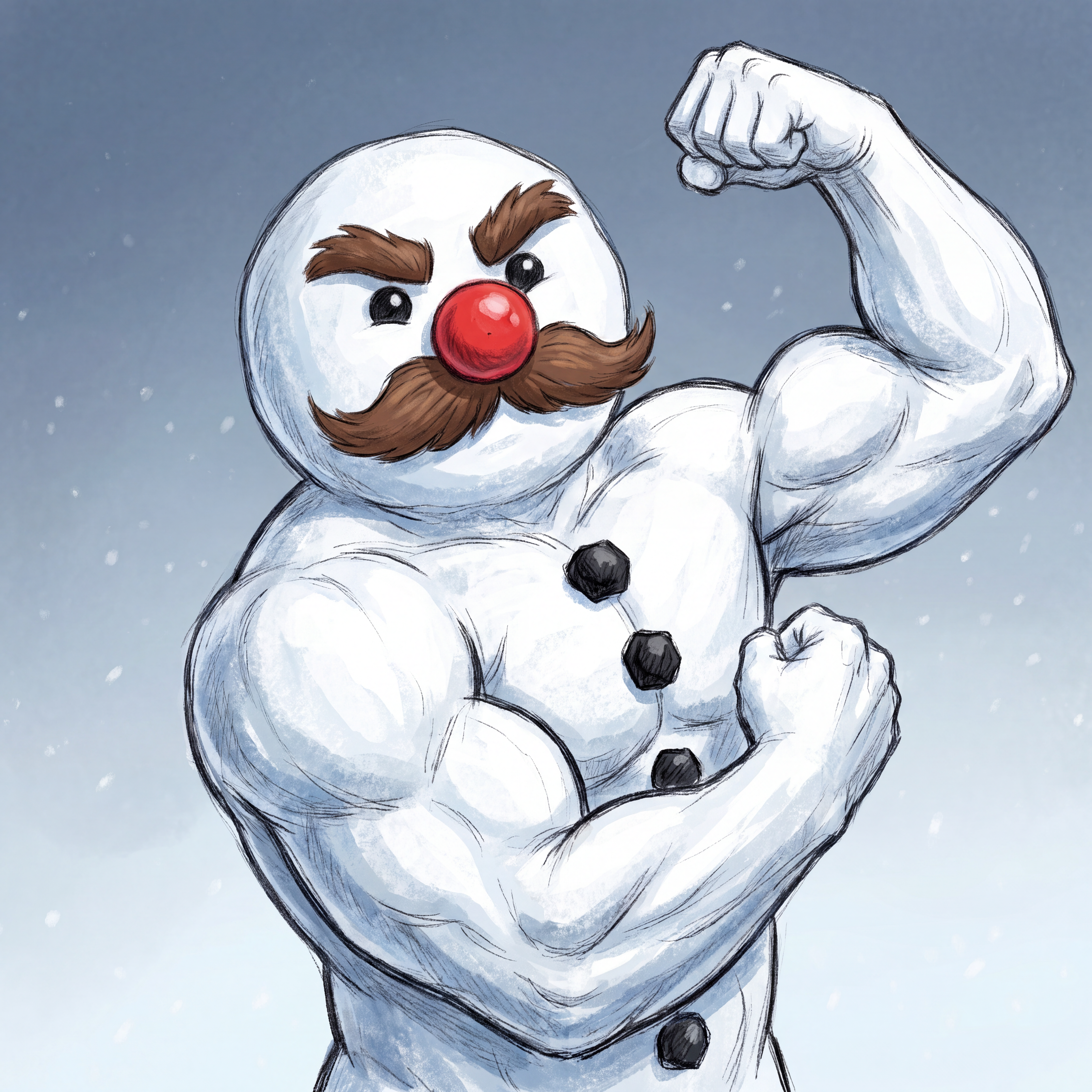 AI Design for make a snowman with a mustache and red nose and stuff inspired by the skin from the image and make a cool profile icon for it that doesn't look too minecrafty but more hand drawn. make the nose a big red button instead of a red carrot, make the expression with the eyebrows match the image, make the thing look more like the image I gave you with snow arms that are buff and make it so he also strikes a cool pose to flex and stuff.