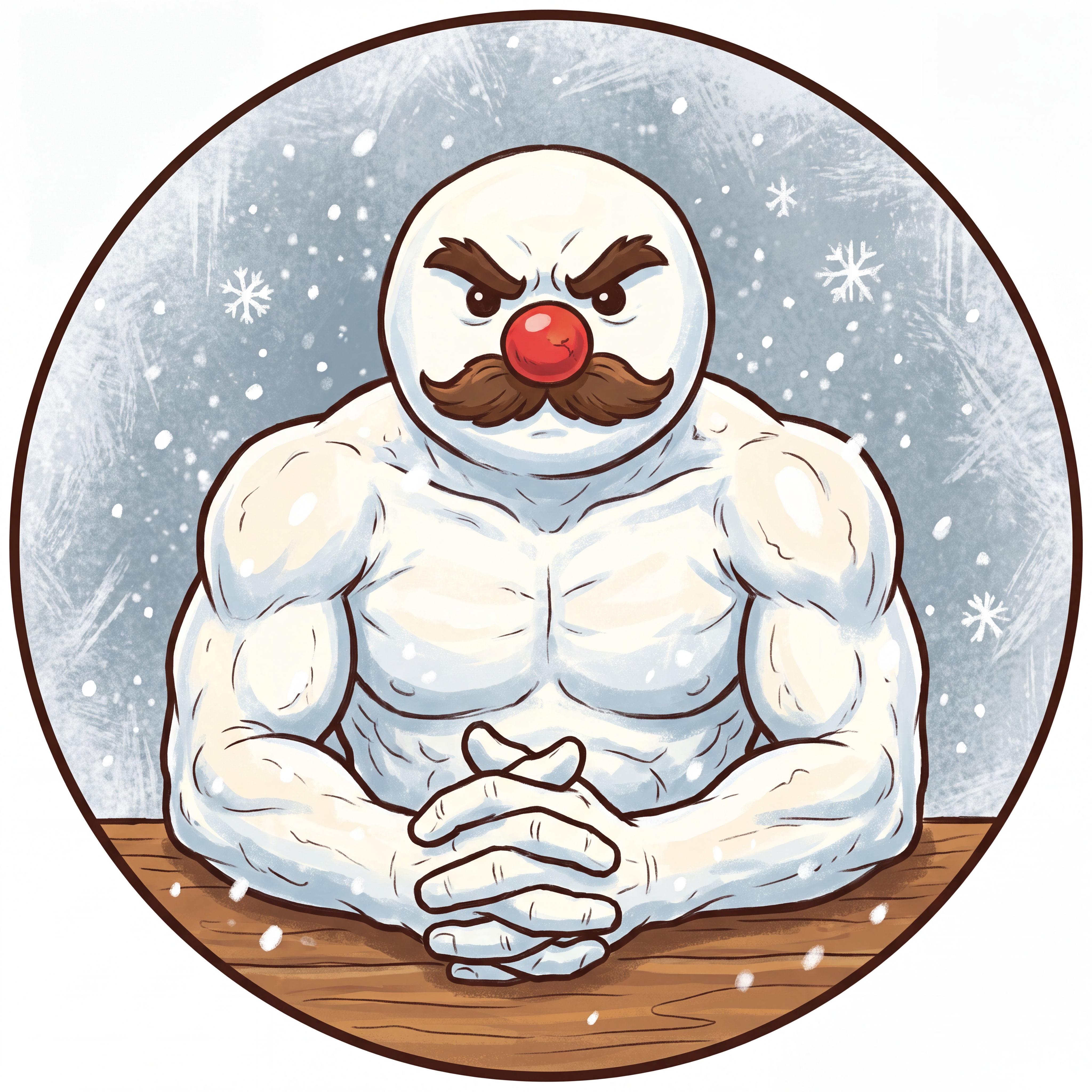 AI Design for make a snowman with a mustache and red nose and stuff inspired by the skin from the image and make a cool profile icon for it that doesn't look too minecrafty but more hand drawn. make the nose a big red button instead of a red carrot, make the expression with the eyebrows match the image, make the thing look more like the image I gave you with snow arms that are buff and make it so he also strikes a cool pose to flex and stuff. make the expression more like the skin from my image eyebrows. make it so its more centered, make the way he is like the second image please.