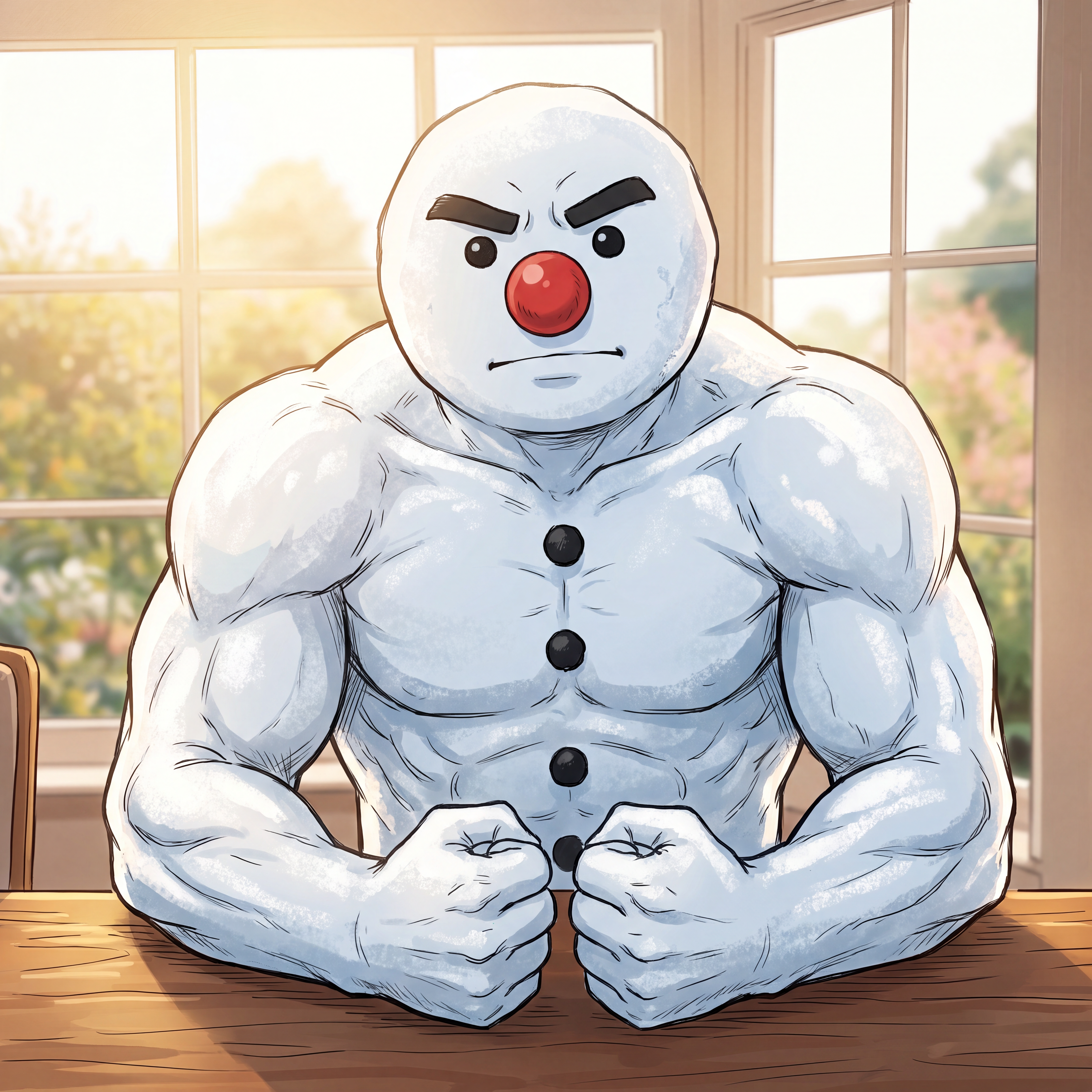 AI Design for make a snowman with a mustache and red nose and stuff inspired by the skin from the image and make a cool profile icon for it that doesn't look too minecrafty but more hand drawn. make the nose a big red button instead of a red carrot, make the expression with the eyebrows match the image, make the thing look more like the image I gave you with snow arms that are buff and make it so he also strikes a cool pose to flex and stuff. make the expression more like the skin from my image eyebrows. make it so its more centered, make the way he is like the second image please. make it actually more anime like, have it identical to the skin with the black buttons and such, make him more closer to the POV I am talking about his arms. and make him less angry and more like the expression of the skin.