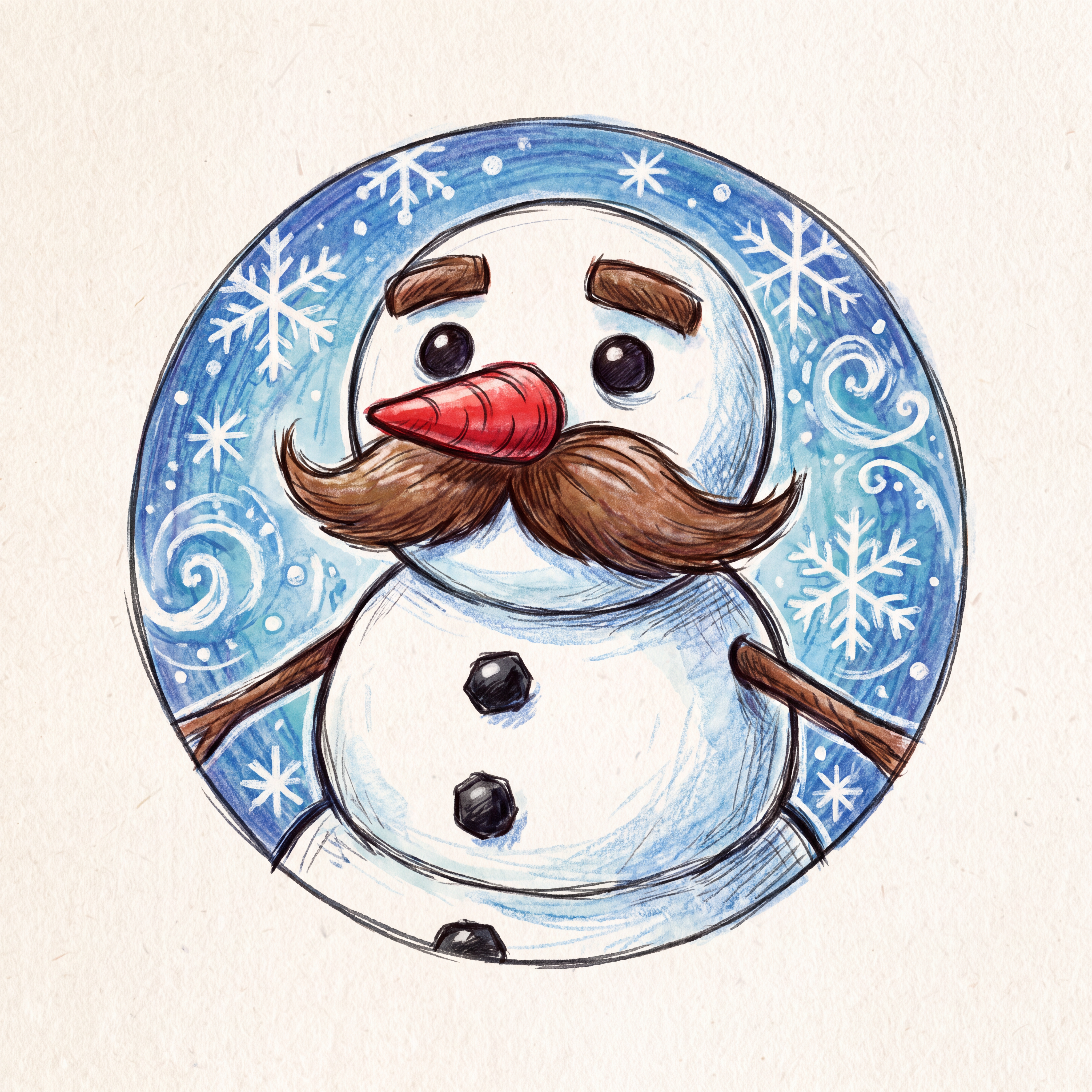 AI Design for make a snowman with a mustache and red nose and stuff inspired by the skin from the image and make a cool profile icon for it that doesn't look too minecrafty but more hand drawn.