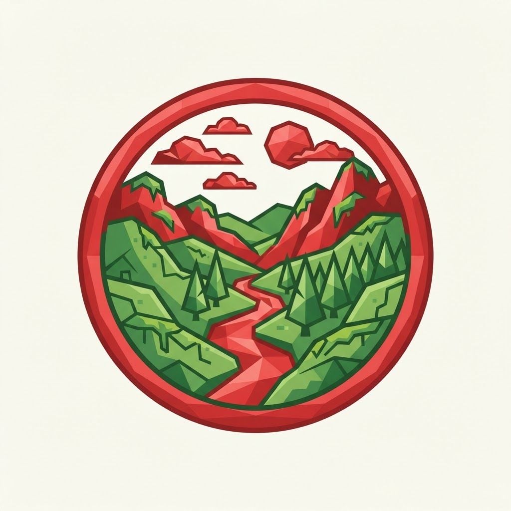 AI Design for a big logo in green and red that shows a Moss Valley with a cartoony style, not including the name, just a logo, with a low poly style not having a lot of detail, the whole logo has to be only green and red, ONLY green and red.