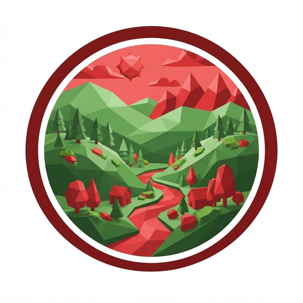 AI Design for a big logo in green and red that shows a Moss Valley with a cartoony style, not including the name, just a logo, with a low poly style not having a lot of detail, the whole logo has to be only green and red, ONLY green and red. make the logo fit the whole image but being in a circle.