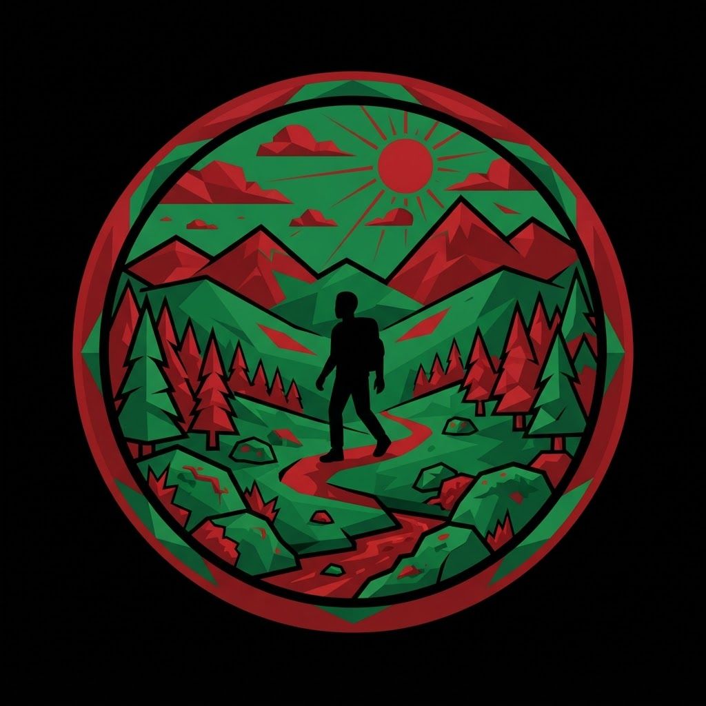 AI Design for a big logo in green and red that shows a Moss Valley with a cartoony style, not including the name, just a logo, with a low poly style not having a lot of detail, the whole logo has to be only green and red, ONLY green and red. make the logo fit the whole image but being in a circle. and make it look like there's a black dude in there too that is FULLY black like complete VOID and make everything else like that too, green being very green and red too.