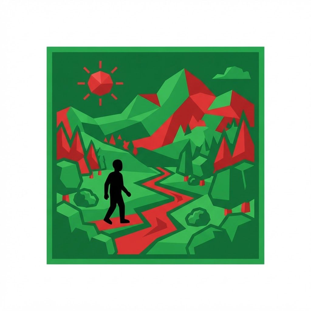 AI Design for a big logo in green and red that shows a Moss Valley with a cartoony style, not including the name, just a logo, with a low poly style not having a lot of detail, the whole logo has to be only green and red, ONLY green and red. make the logo fit the whole image but being in a circle. and make it look like there's a black dude in there too that is FULLY black like complete VOID and make everything else like that too, green being very green and red too, actually never mind make the logo the full square