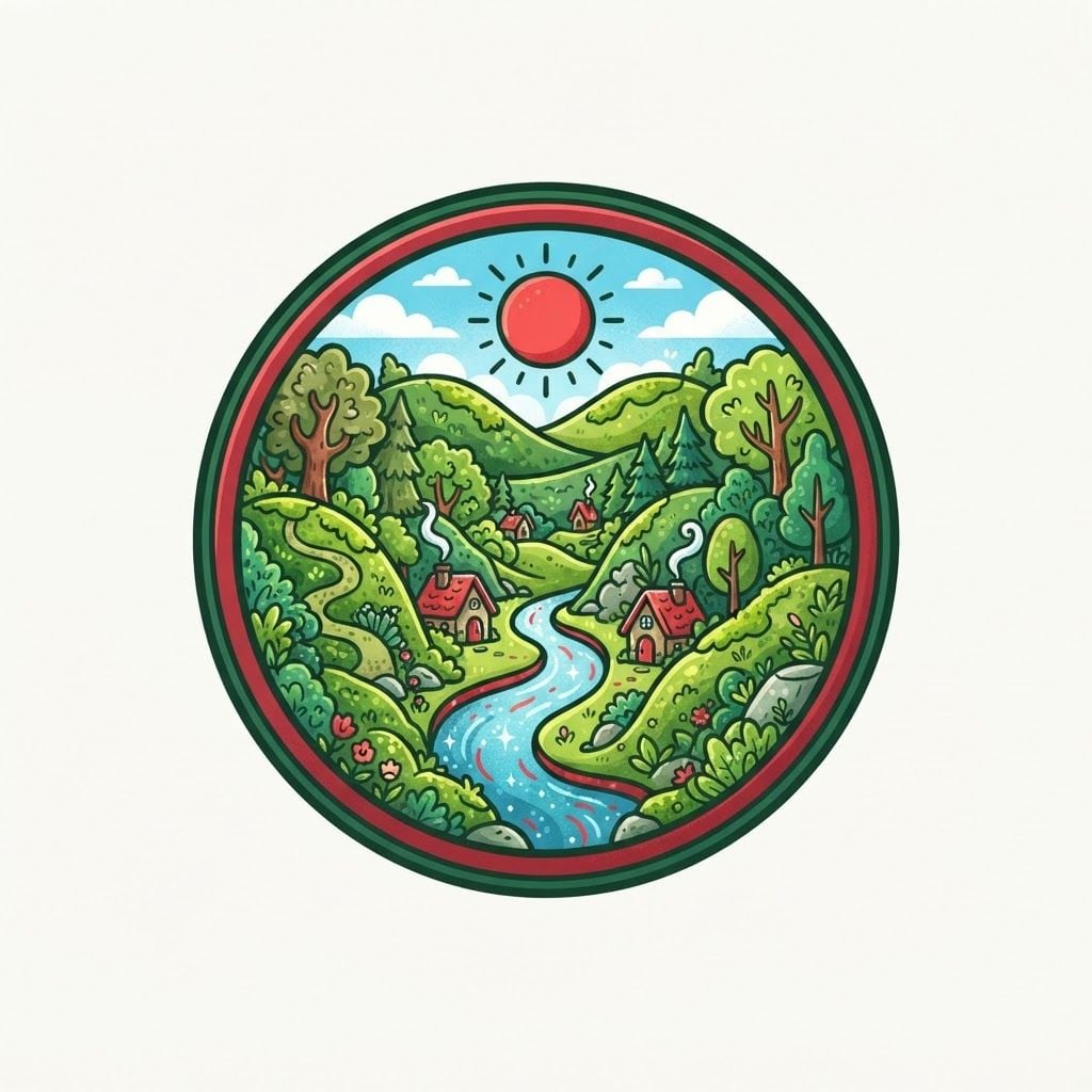 AI Design for a big logo in green and red that shows a Moss Valley with a cartoony style, not including the name, just a logo.