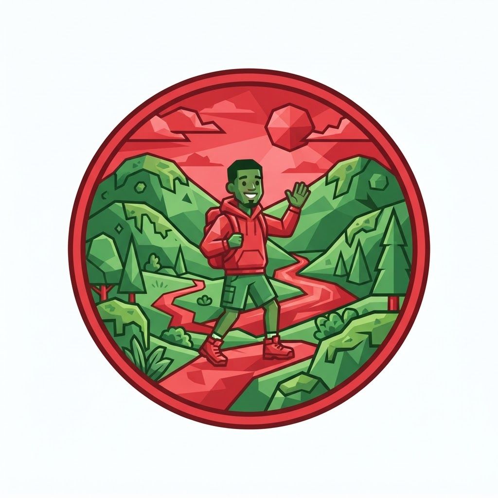 AI Design for a big logo in green and red that shows a Moss Valley with a cartoony style, not including the name, just a logo, with a low poly style not having a lot of detail, the whole logo has to be only green and red, ONLY green and red. make the logo fit the whole image but being in a circle. and make it look like there's a black dude in there too.