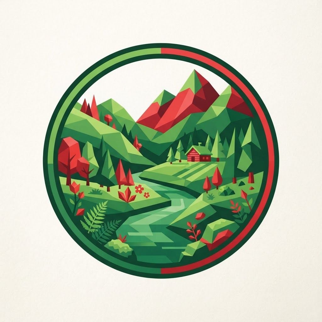 AI Design for a big logo in green and red that shows a Moss Valley with a cartoony style, not including the name, just a logo, with a low poly style not having a lot of detail, the whole logo has to be only green and red, ONLY green and red.