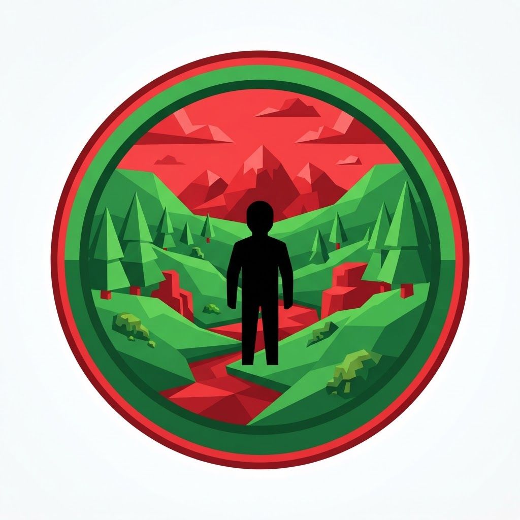 AI Design for a big logo in green and red that shows a Moss Valley with a cartoony style, not including the name, just a logo, with a low poly style not having a lot of detail, the whole logo has to be only green and red, ONLY green and red. make the logo fit the whole image but being in a circle. and make it look like there's a black dude in there too that is FULLY black like complete VOID and make everything else like that too, green being very green and red too.