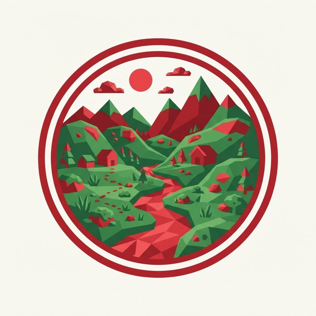 AI Design for a big logo in green and red that shows a Moss Valley with a cartoony style, not including the name, just a logo, with a low poly style not having a lot of detail, the whole logo has to be only green and red, ONLY green and red. make the logo fit the whole image but being in a circle.