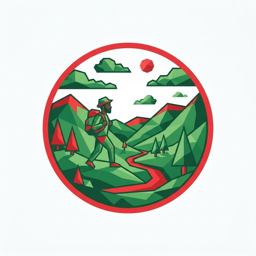AI Design for a big logo in green and red that shows a Moss Valley with a cartoony style, not including the name, just a logo, with a low poly style not having a lot of detail, the whole logo has to be only green and red, ONLY green and red. make the logo fit the whole image but being in a circle. and make it look like there's a black dude in there too.
