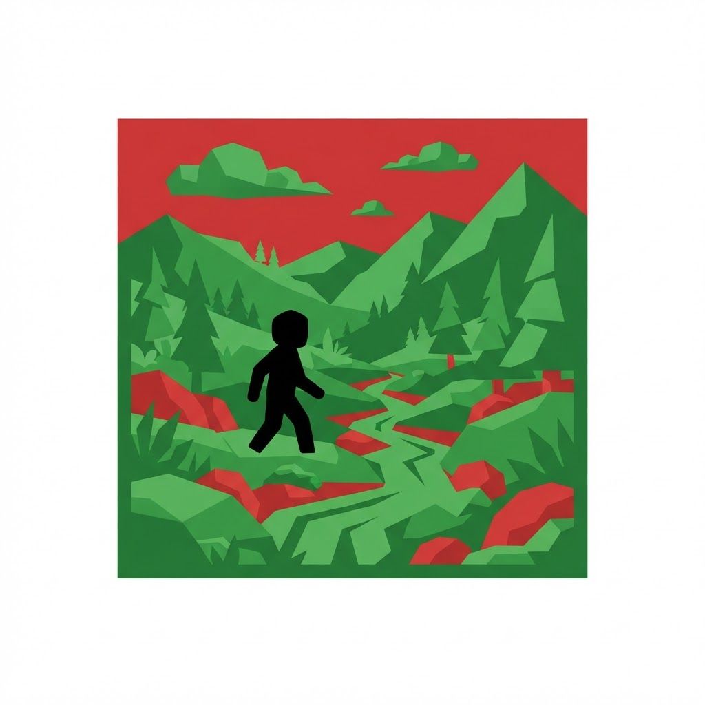 AI Design for a big logo in green and red that shows a Moss Valley with a cartoony style, not including the name, just a logo, with a low poly style not having a lot of detail, the whole logo has to be only green and red, ONLY green and red. make the logo fit the whole image but being in a circle. and make it look like there's a black dude in there too that is FULLY black like complete VOID and make everything else like that too, green being very green and red too, actually never mind make the logo the full square