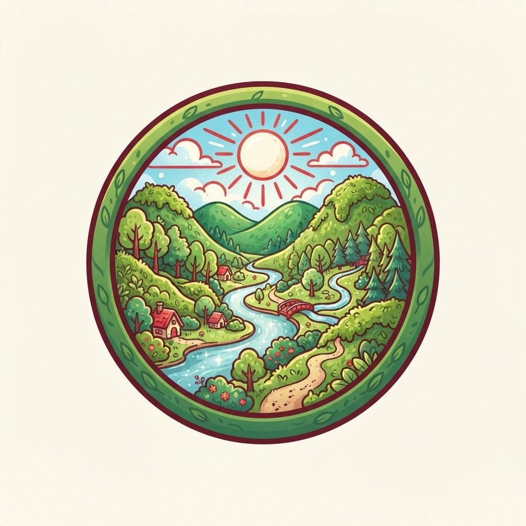 AI Design for a big logo in green and red that shows a Moss Valley with a cartoony style, not including the name, just a logo.