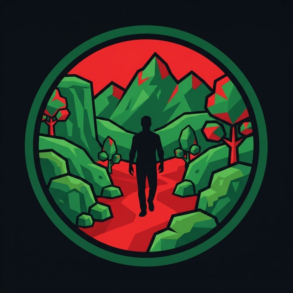 AI Design for a big logo in green and red that shows a Moss Valley with a cartoony style, not including the name, just a logo, with a low poly style not having a lot of detail, the whole logo has to be only green and red, ONLY green and red. make the logo fit the whole image but being in a circle. and make it look like there's a black dude in there too that is FULLY black like complete VOID and make everything else like that too, green being very green and red too.