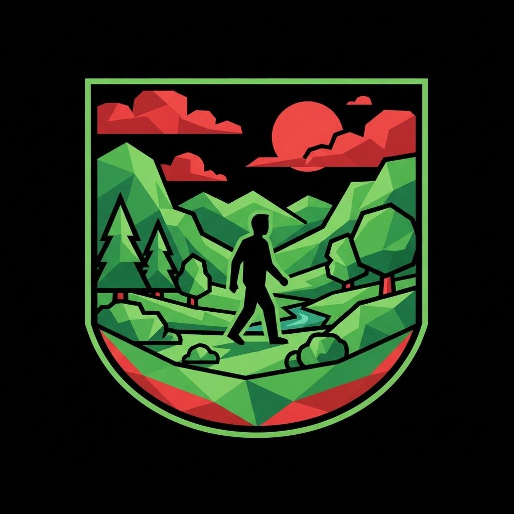AI Design for a big logo in green and red that shows a Moss Valley with a cartoony style, not including the name, just a logo, with a low poly style not having a lot of detail, the whole logo has to be only green and red, ONLY green and red. make the logo fit the whole image but being in a circle. and make it look like there's a black dude in there too that is FULLY black like complete VOID and make everything else like that too, green being very green and red too, actually never mind make the logo the full square
